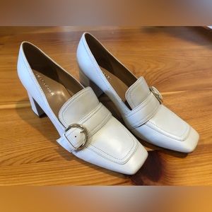 Marc Fisher Cream Oralin Loafer Heels-Leather Buckle, Square Toe, Never worn